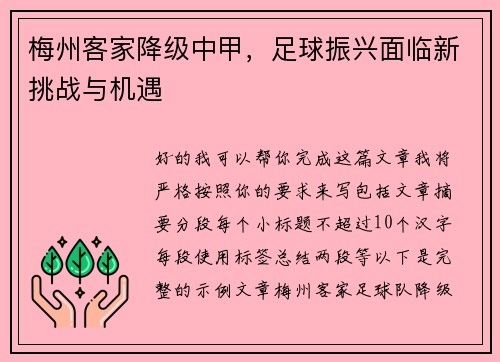 梅州客家降级中甲,足球振兴面临新挑战与机遇 梅州客家降级中甲,足球振兴面临新挑战与机遇