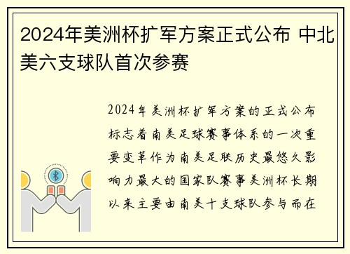 2024年美洲杯扩军方案正式公布 中北美六支球队首次参赛 2024年美洲杯扩军方案正式公布 中北美六支球队首次参赛